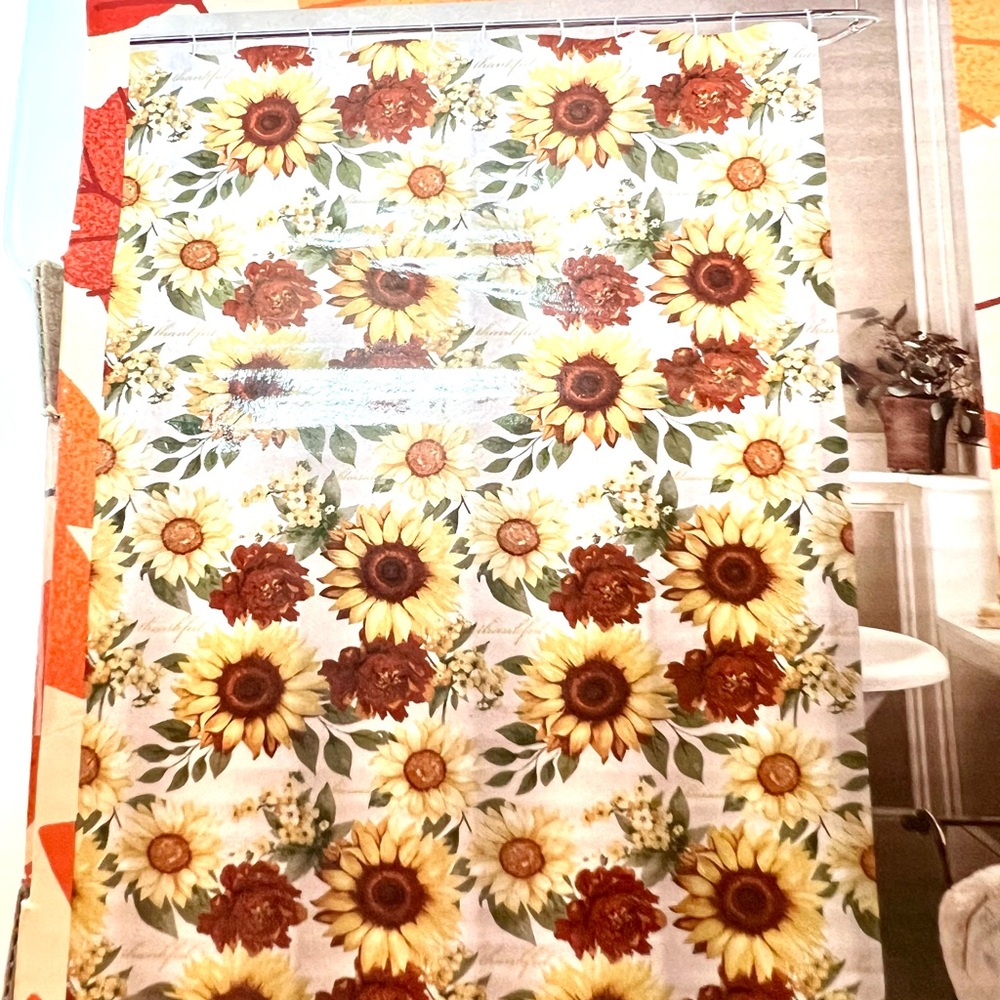 Harvest Sunflowers Fabric Shower Curtain Yellow Rust Orange Bold Colors - Picture 5 of 11